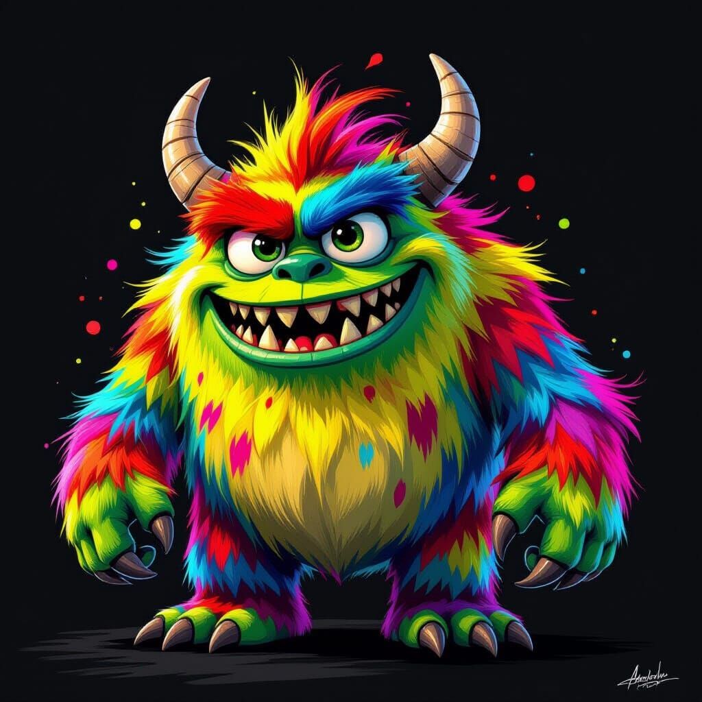 Vibrant Cartoon Monster in Hyperdetailed Charcoal Style
