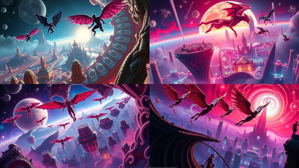 Ethereal Angelic Beings Soar through a Futuristic Spiral Cit...