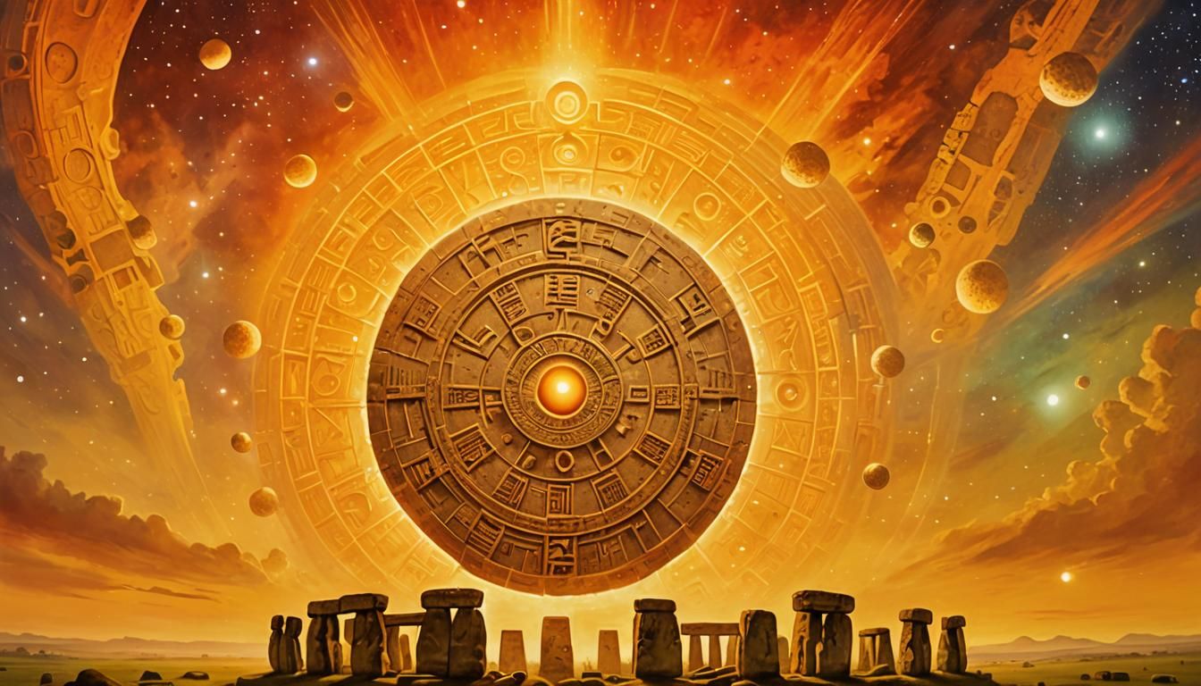 Surreal Mayan Calendar Above Stonehenge at Night