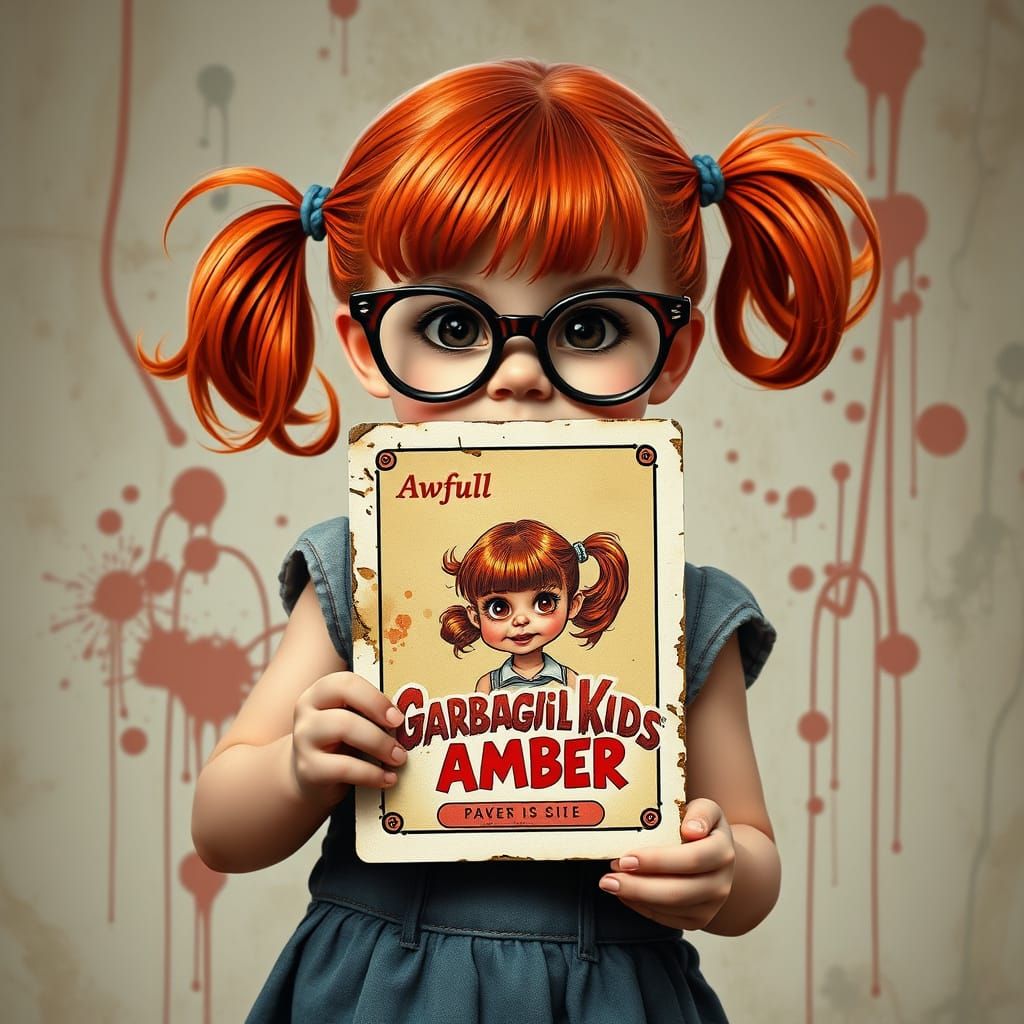 Girl with Garbage Pail Kids Card in Photorealistic Style