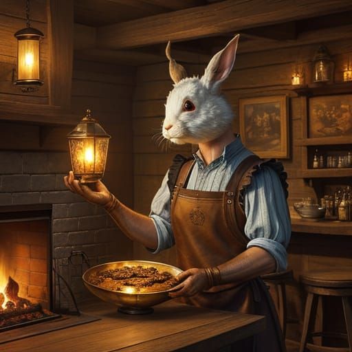 Whimsical Rabbit Polishing Tankard in Cozy Tavern