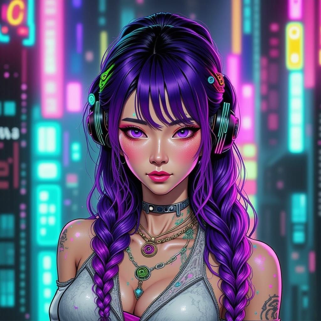 Cyberpunk Asian Woman in Neon Cityscape