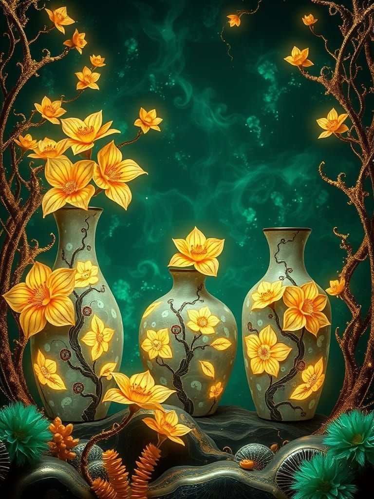 Bioluminescent Kintsugi Vases in Emerald Kelp Forest