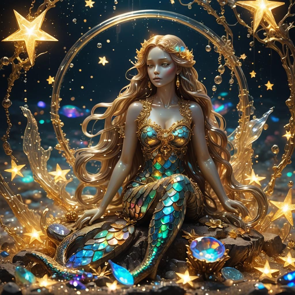 Crystal Mermaid Radiates Golden Opal Glow