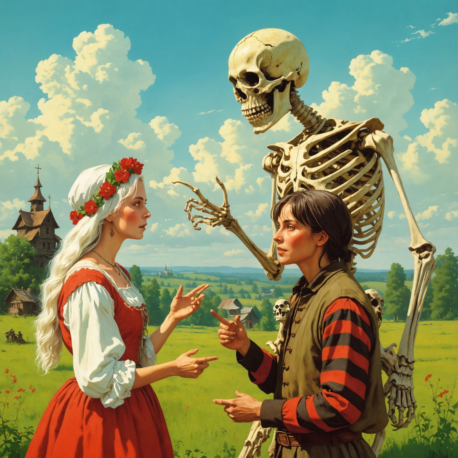 Russian Fairytale Scene: Baba Yaga and Skeleton Monster