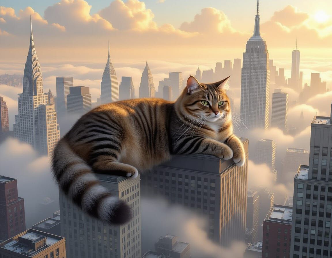 Giant Cat Lounges Over Metropolis in Ethereal Fantasy