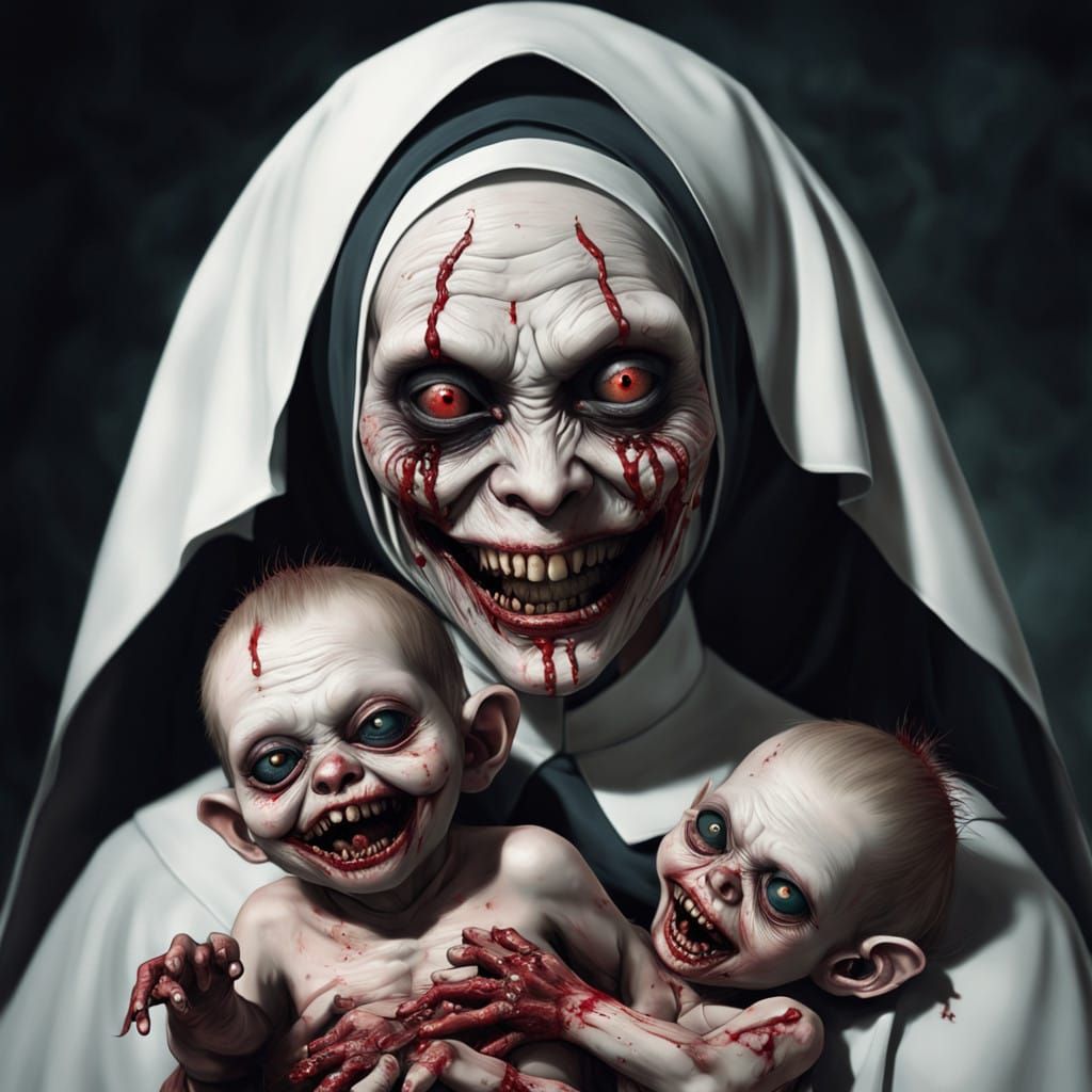 Grotesque Nun Cradles Zombie Monkey Monster Clown Infant in....