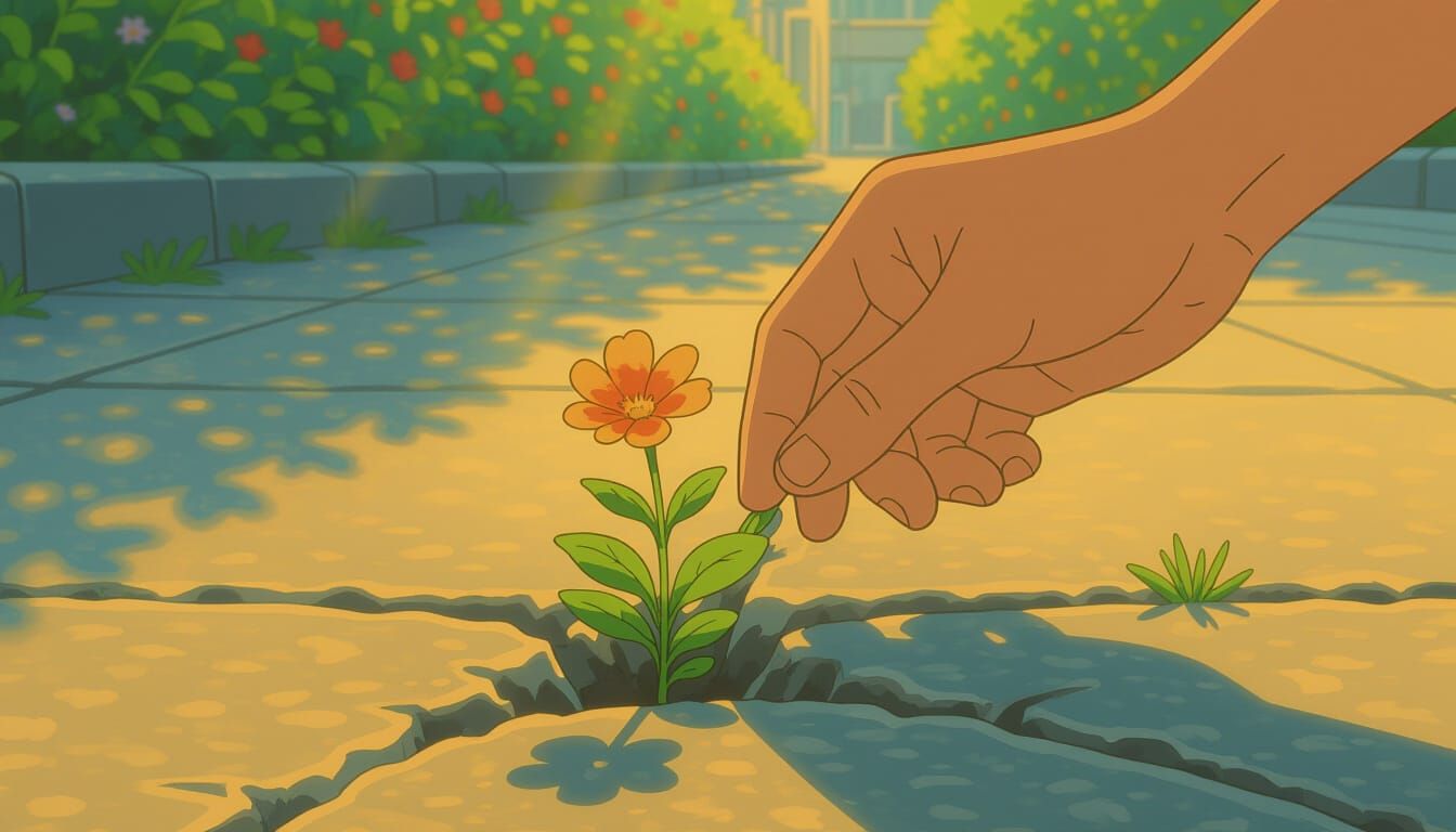 Hand Picks Flower from Pavement in Golden Sunlight