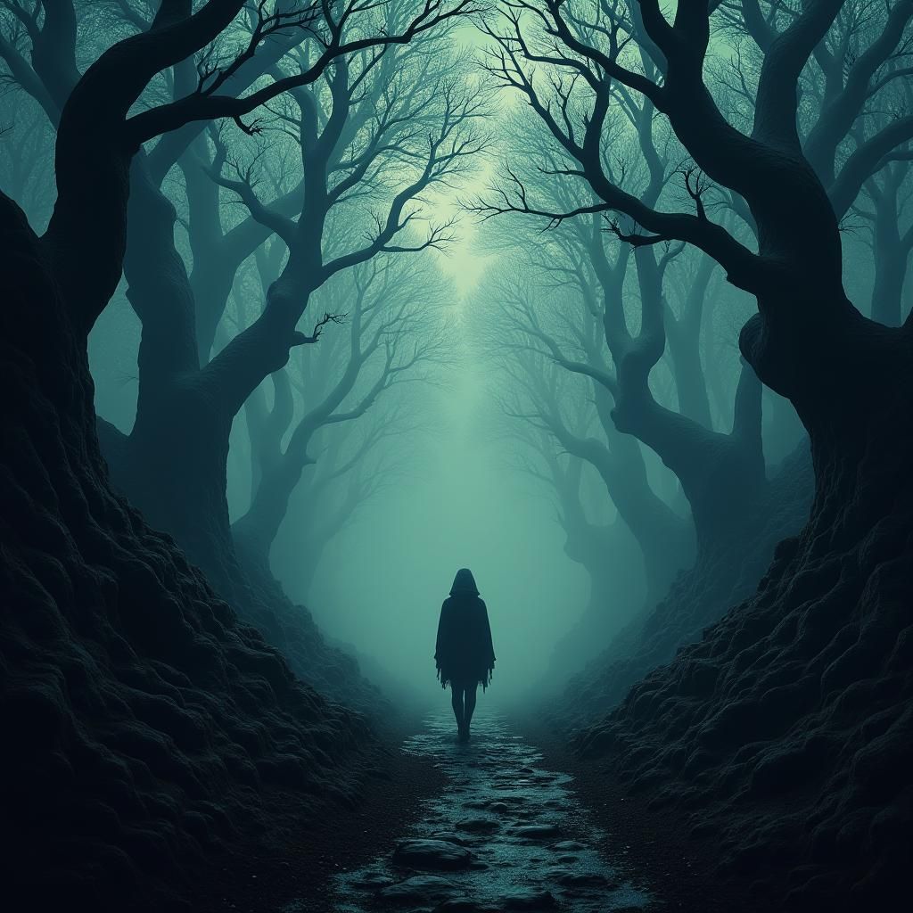 Mystical Dusk: Lone Figure Emerging from Ravine