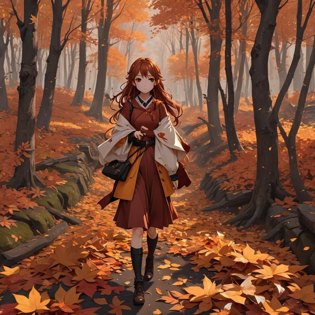 Anime Girl Autumn in Forest of Red and Gold