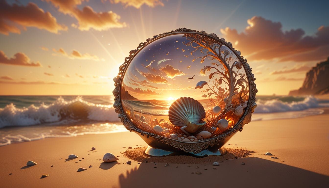 Eccentric Seascape: Magic Seashell Bell on Beach at Sunset