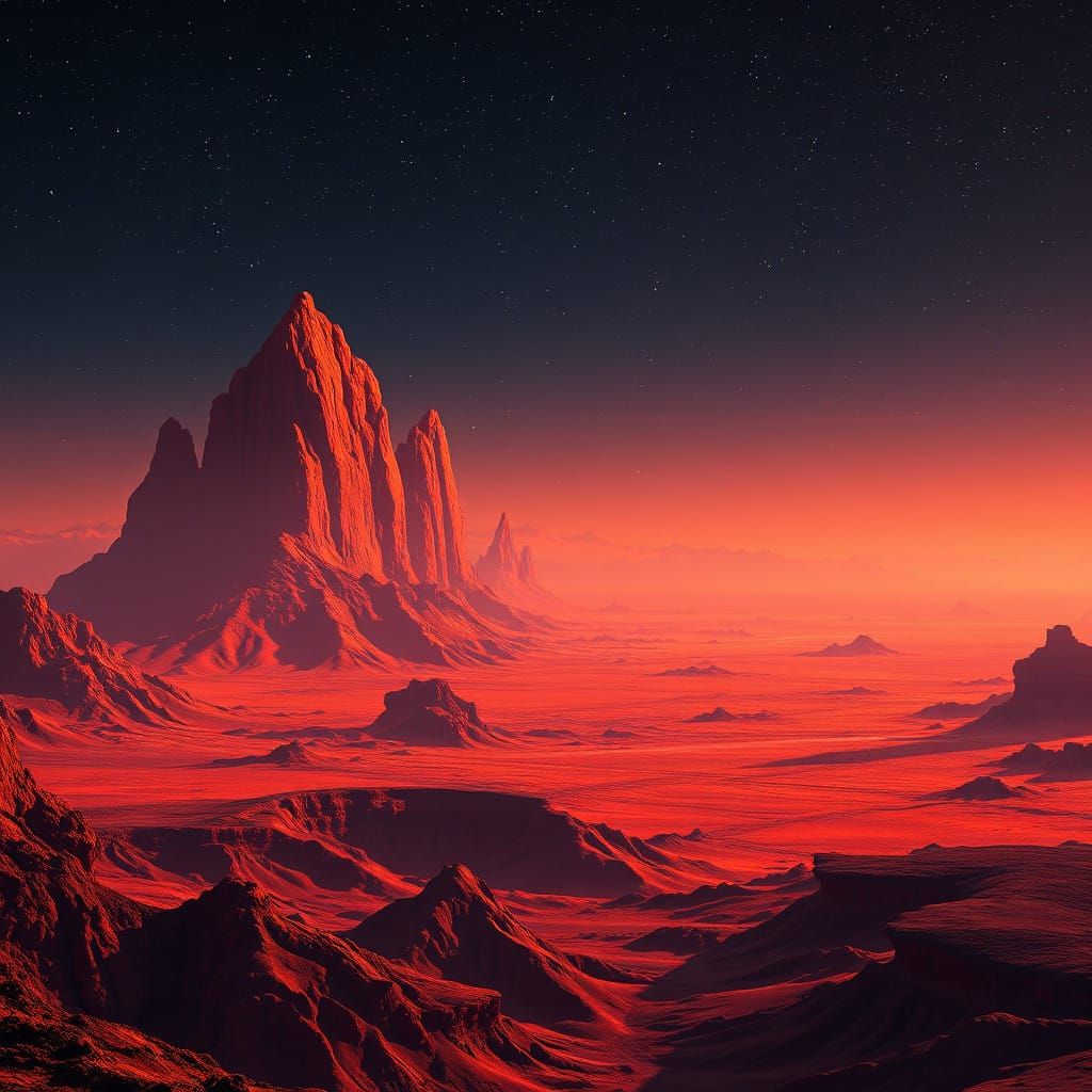 Vibrant Red Mars Landscape with Towering Volcanoes and Crate...