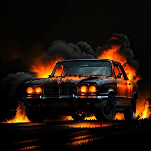 Fiery Car in Abstract Expressionist Oil Painting