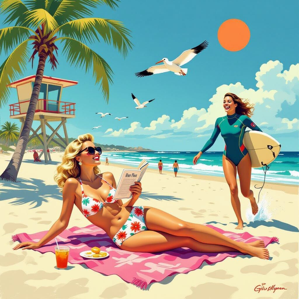 Nordic Woman Reading on Beach, Latina Surfer Approaching