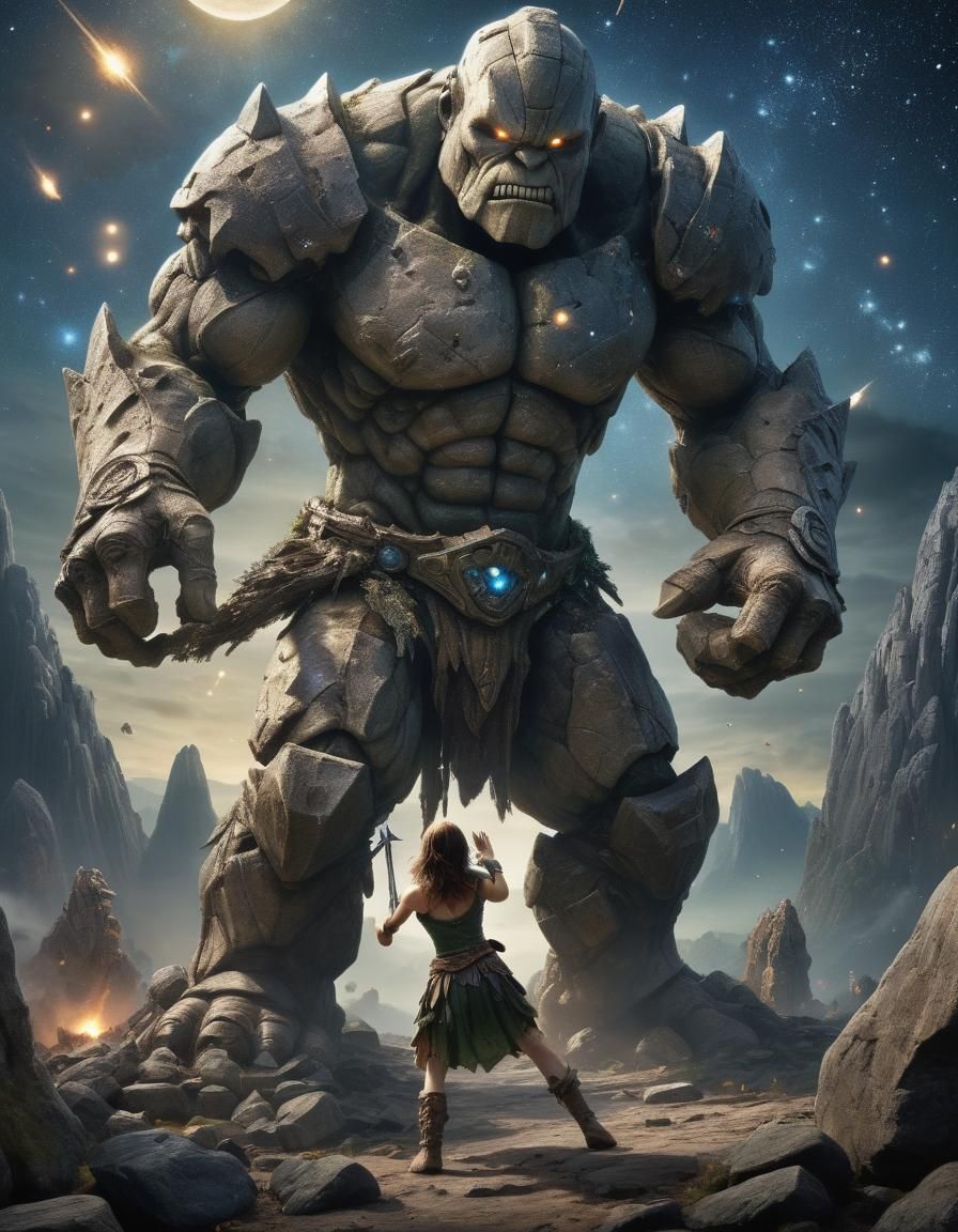 Fairy Battles Stone Golem in Fantasy Movie Poster