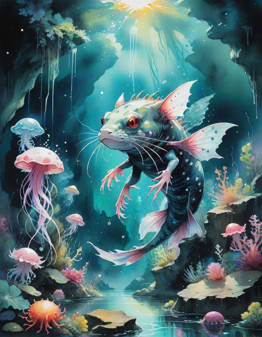 Mystical Bioluminescent Creature in Anime Watercolor Style