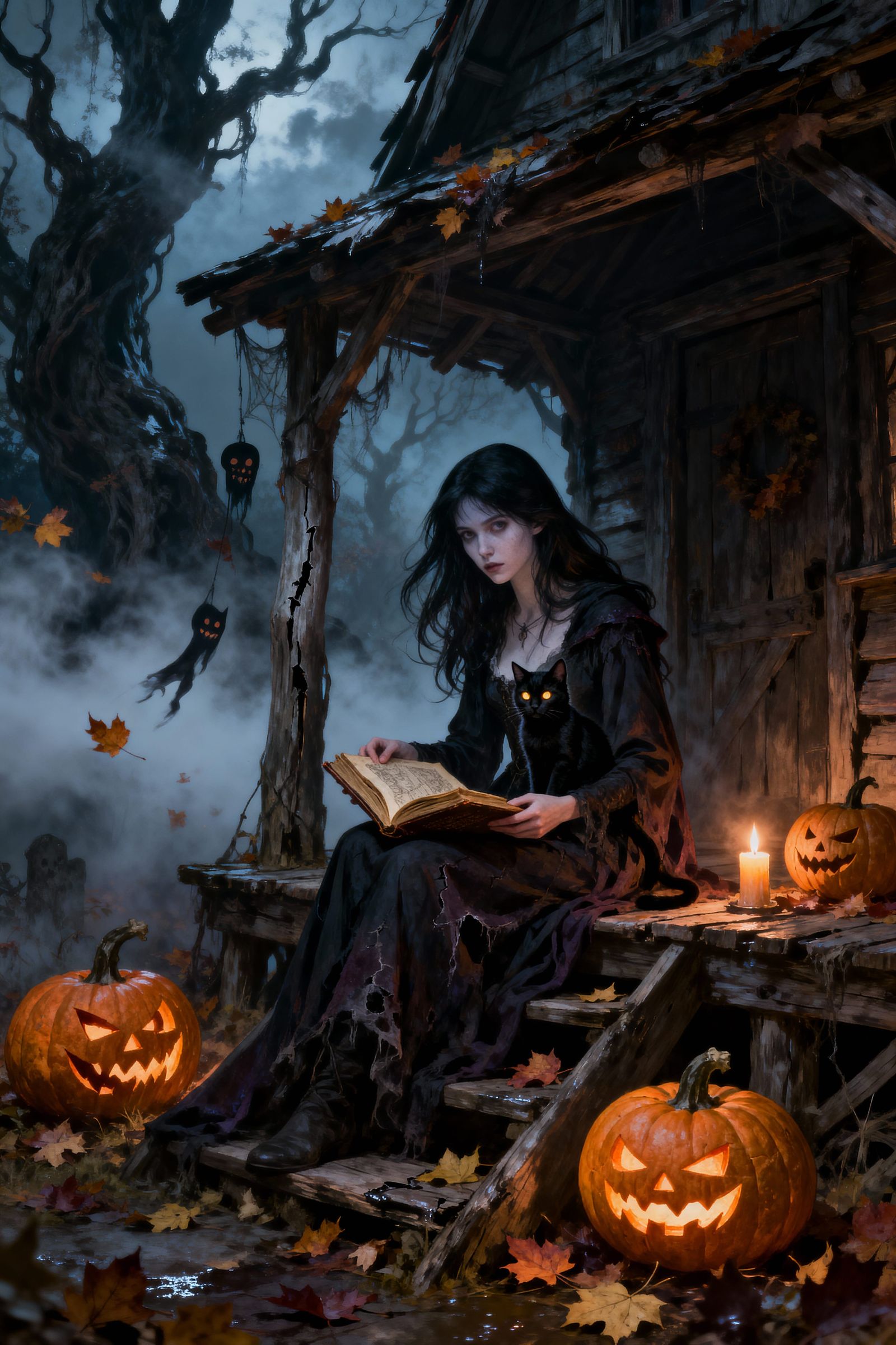 Dark Fantasy Witch Portrait on Crooked Porch