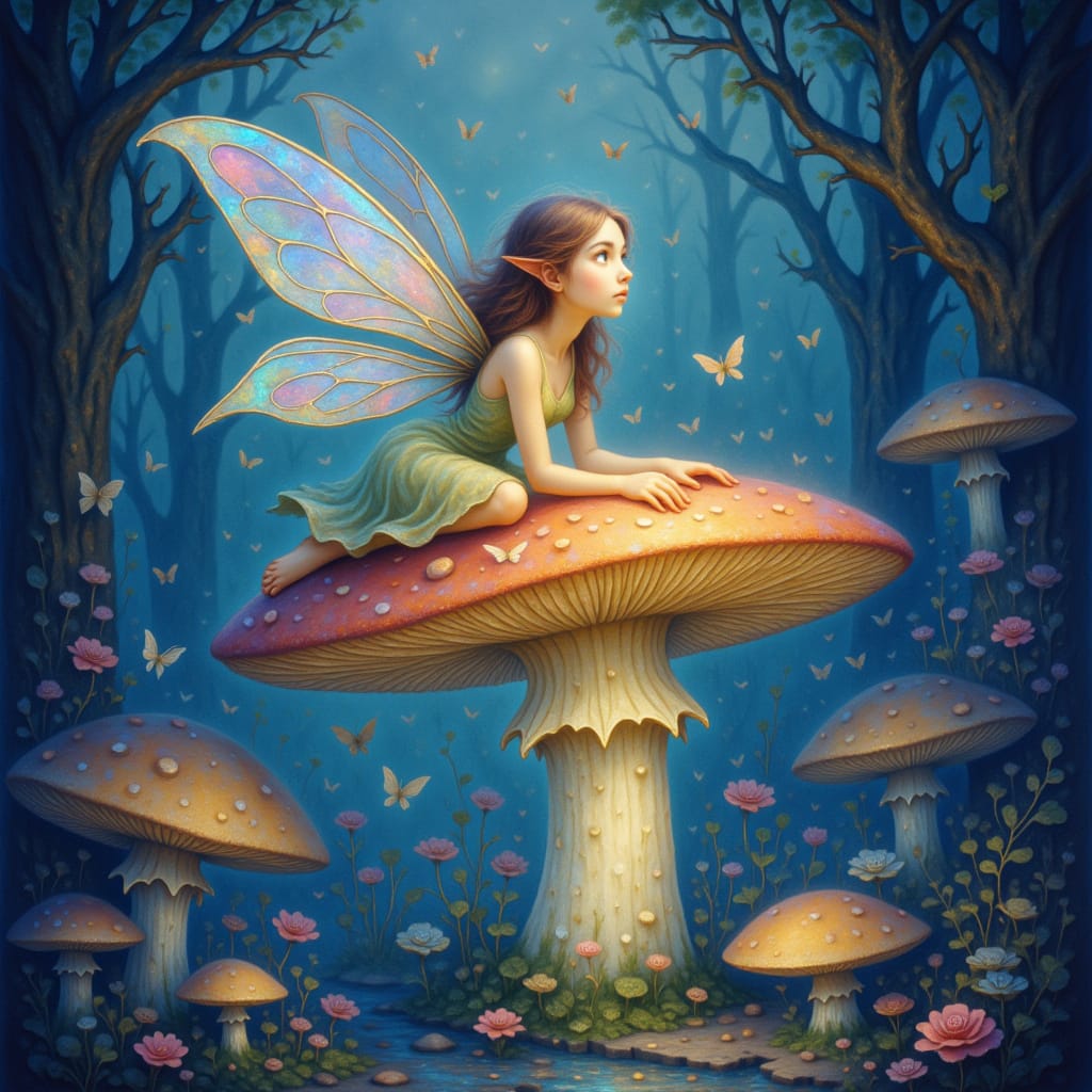 Enchanted Fairy on Bioluminescent Mushroom: Watercolor Art