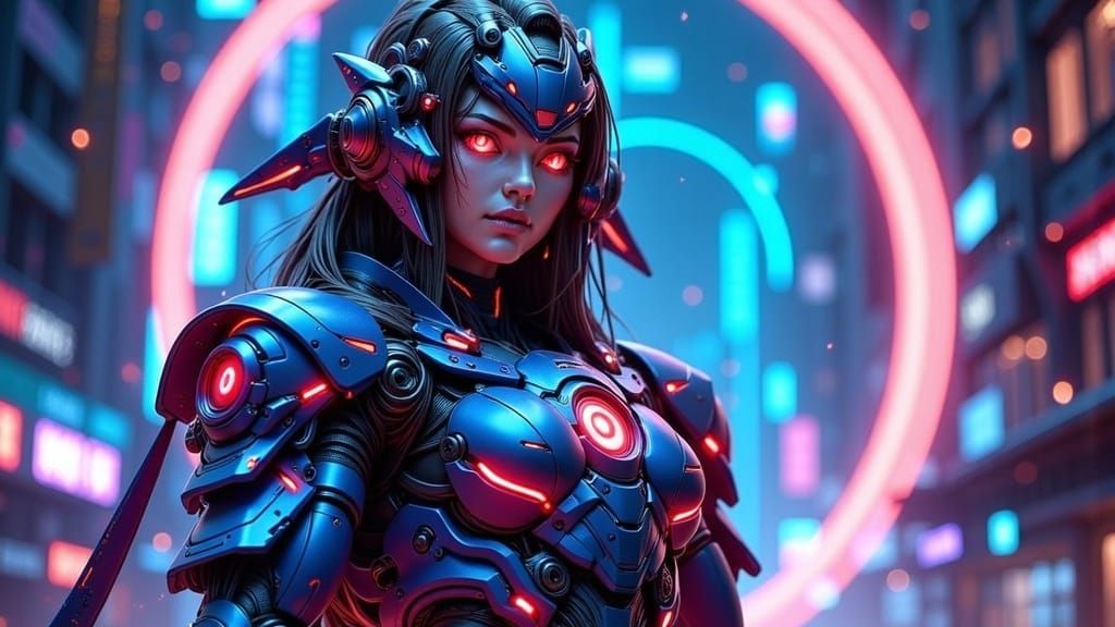 Cyborg Samurai Girl with Ethereal Energy in Romanticism Styl...