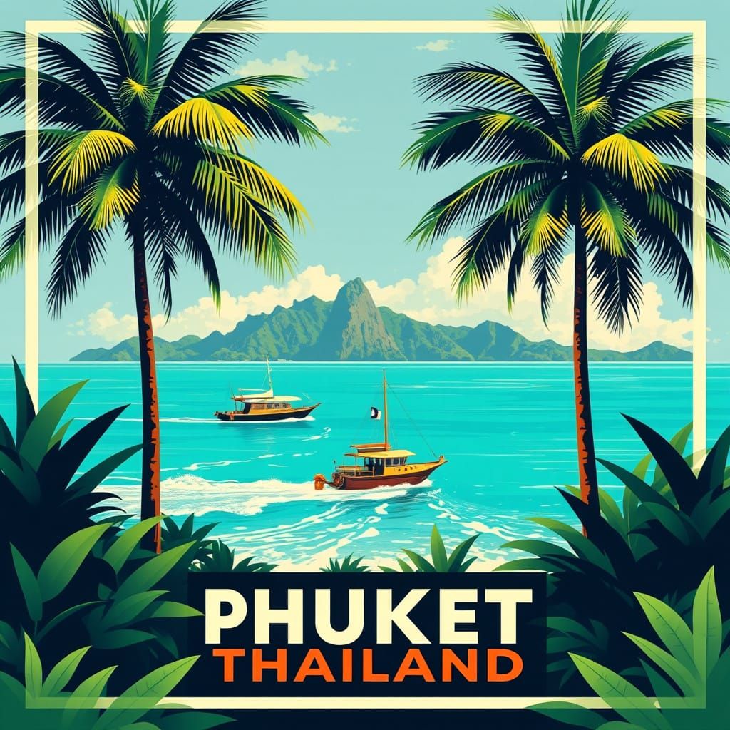 Vintage Phuket Travel Poster in Art Deco Style