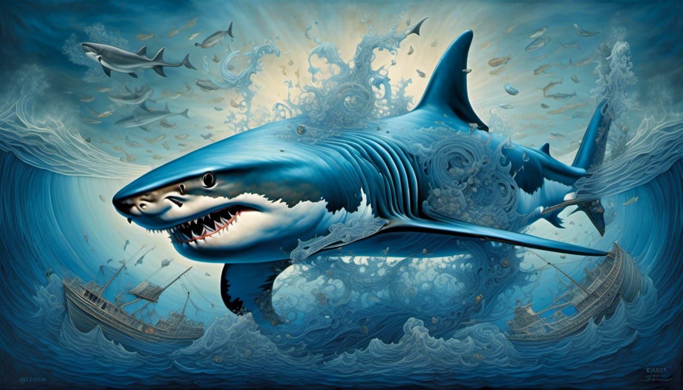 Aggressive Shark Portrait in Metallic Watercolor Style