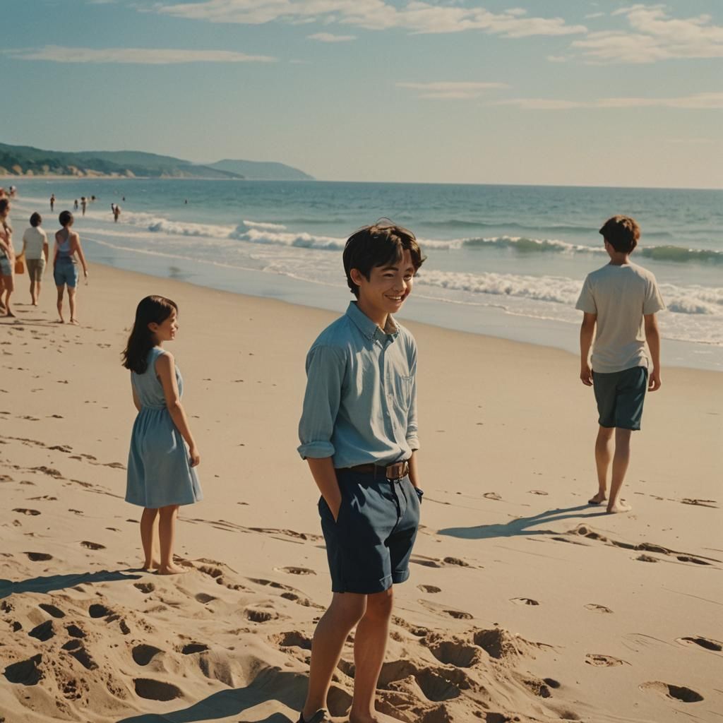 Sunny Beach Scene Inspired by Miyazaki Watercolors