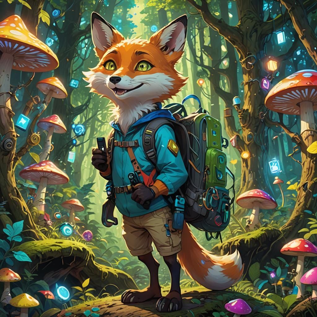 Cartoon Fox on Toadstool in Anime Style Forest