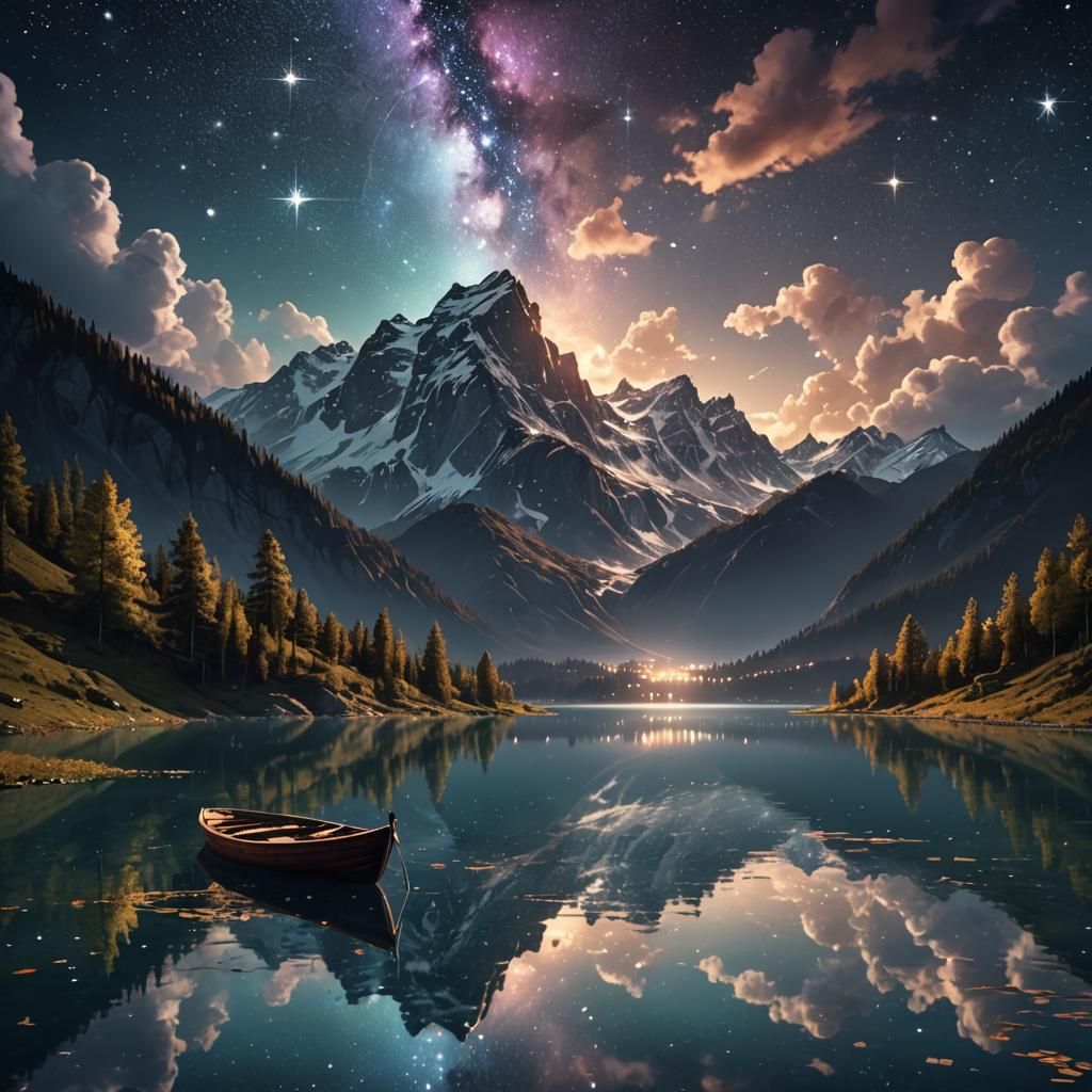 Idyllic Mountain Lake at Night: Fantasy Concept Art