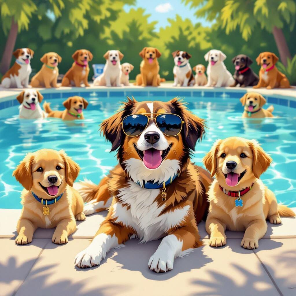 Cool Dog in Sunglasses by Pool with Dog Family