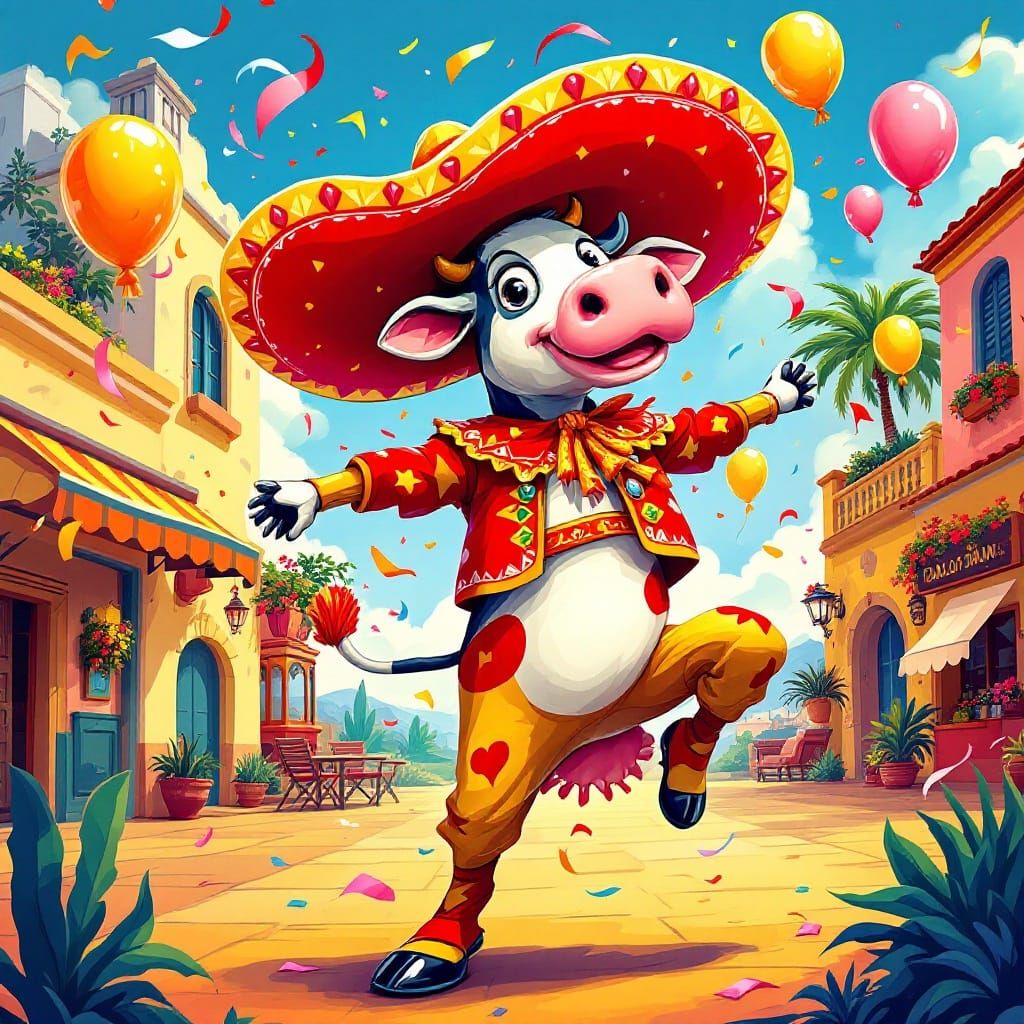 Cartoon Cow Mariachi Dancer in Festive Plaza