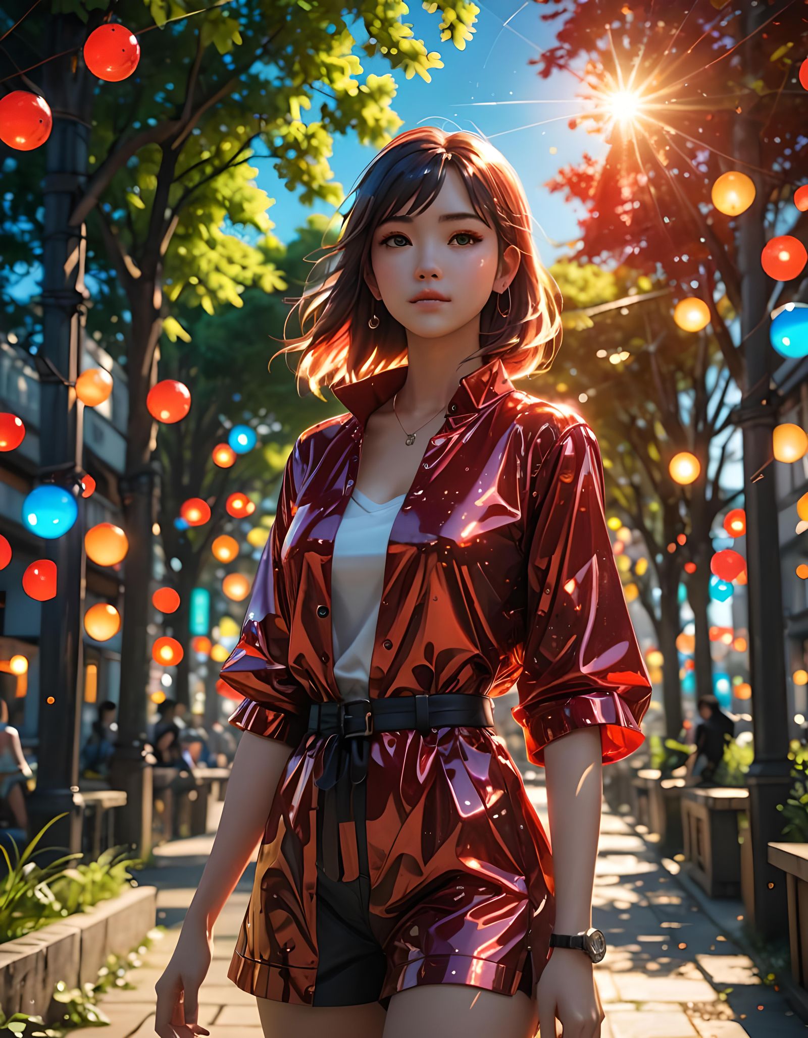 Anime Style Woman in Red Dress with Bokeh