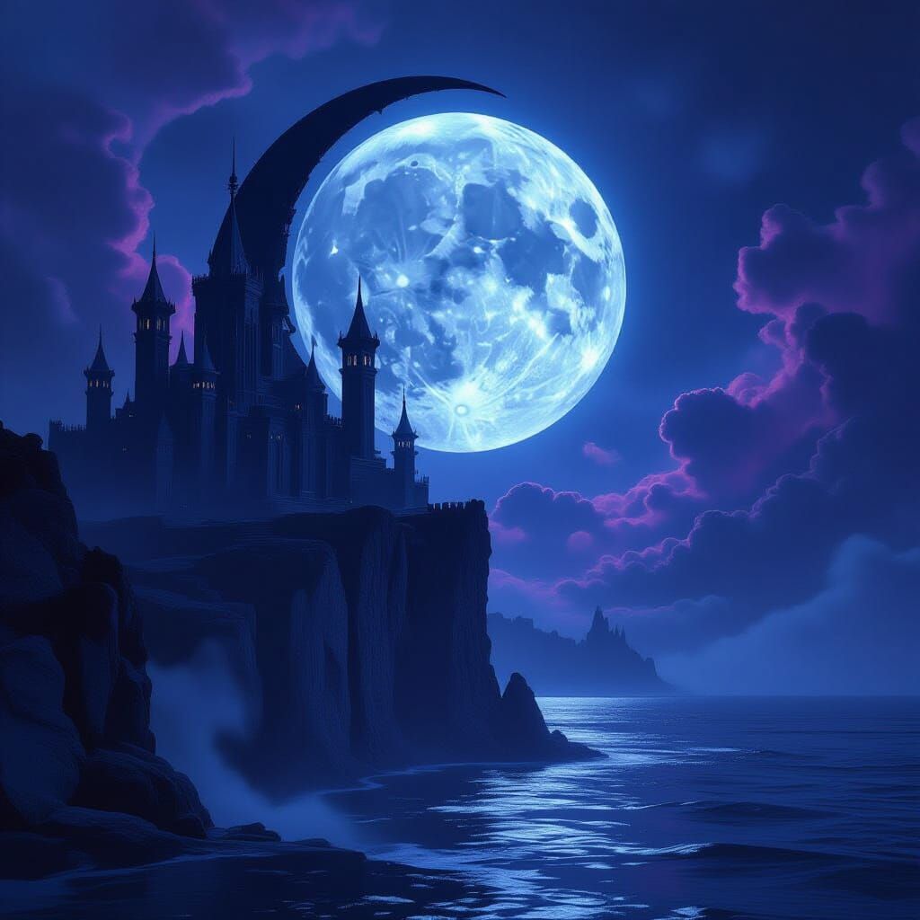 Monster on Moon with Castles in Chinese Ink Style