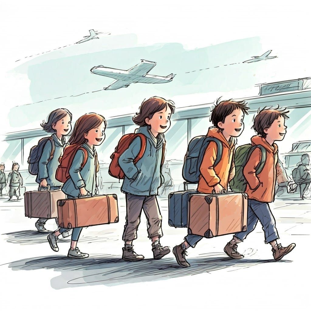 Children Arriving at Airport in Pen and Ink Style