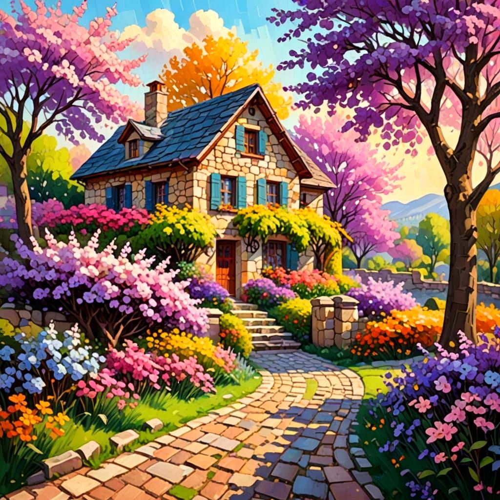 Vibrant Stone House Scene in Full Bloom