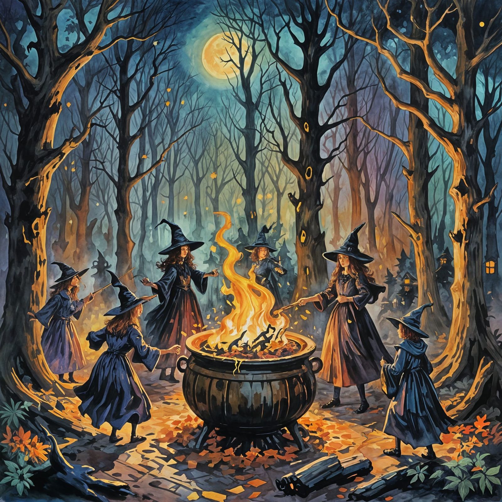 Halloween Scene in Gouache Watercolor Style