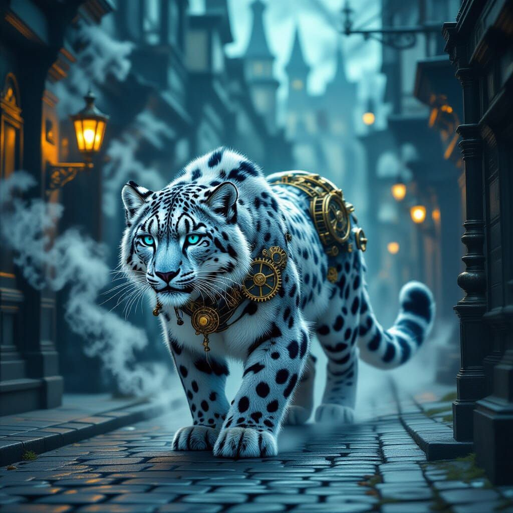 Steampunk Snow Leopard in Twilight Victorian City