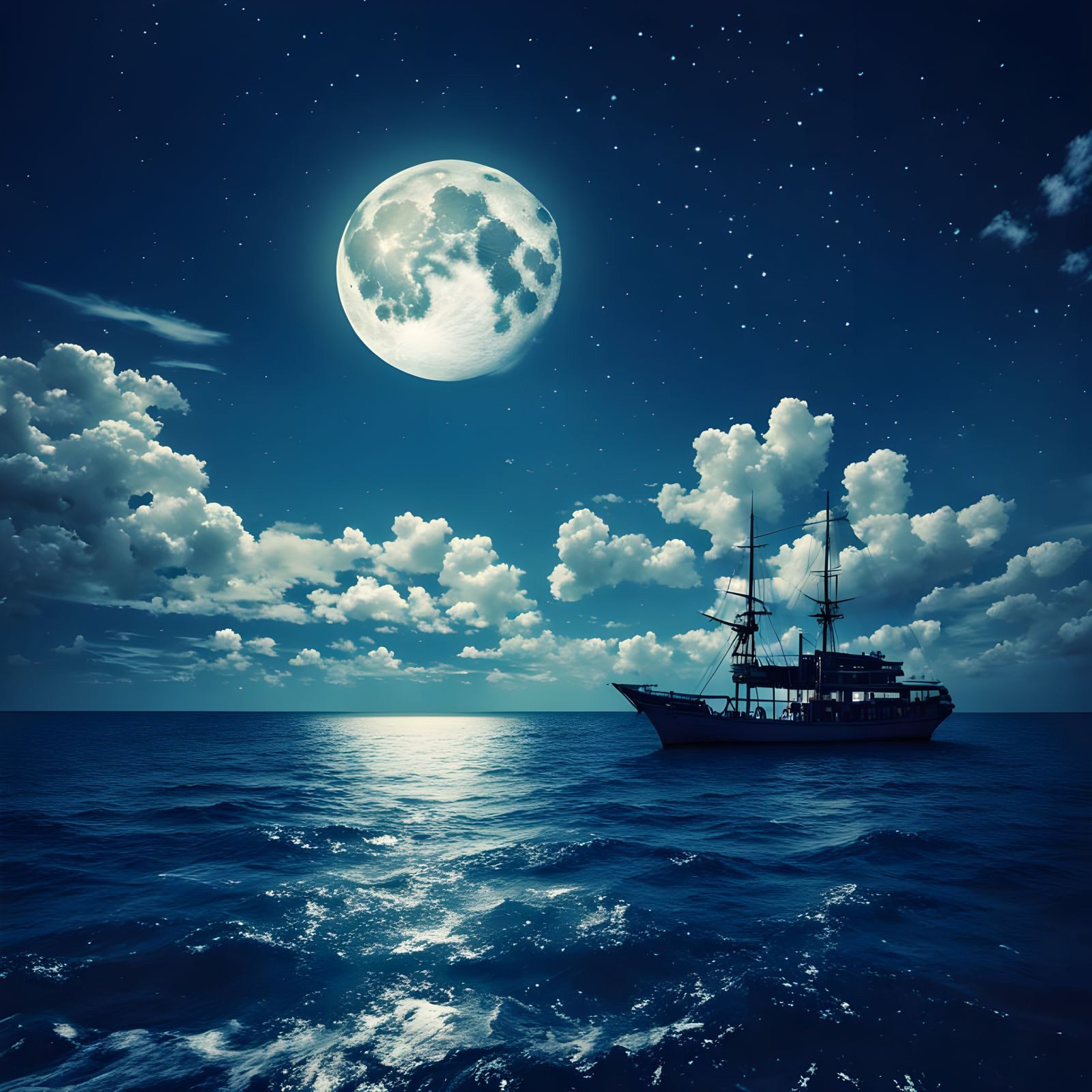 Moonlit Sea Under Ark Blue Sky: Cinematic Still