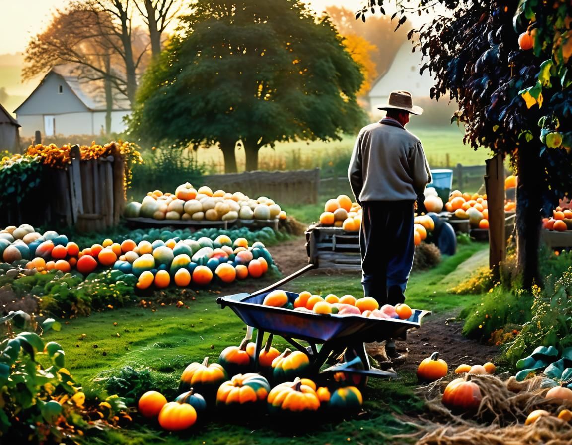 Harvest of Pumpkins, different Pumpkin in a country garden, ...