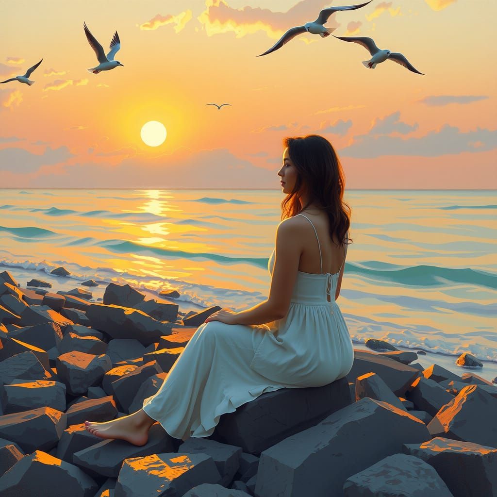 Impressionist Woman in Serene Beach Scene