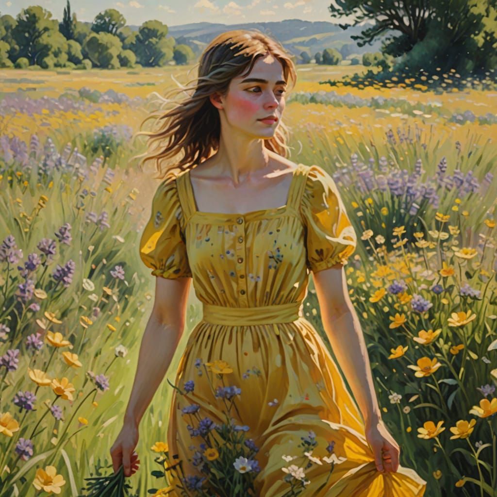 Woman in Wildflower Field as Impressionist Painting