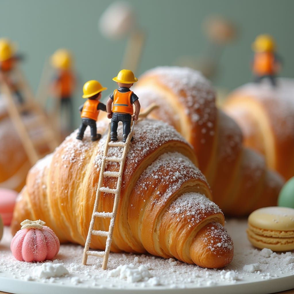 Whimsical Bakers Build Ladders on Snowy Croissant in Hyper-R...