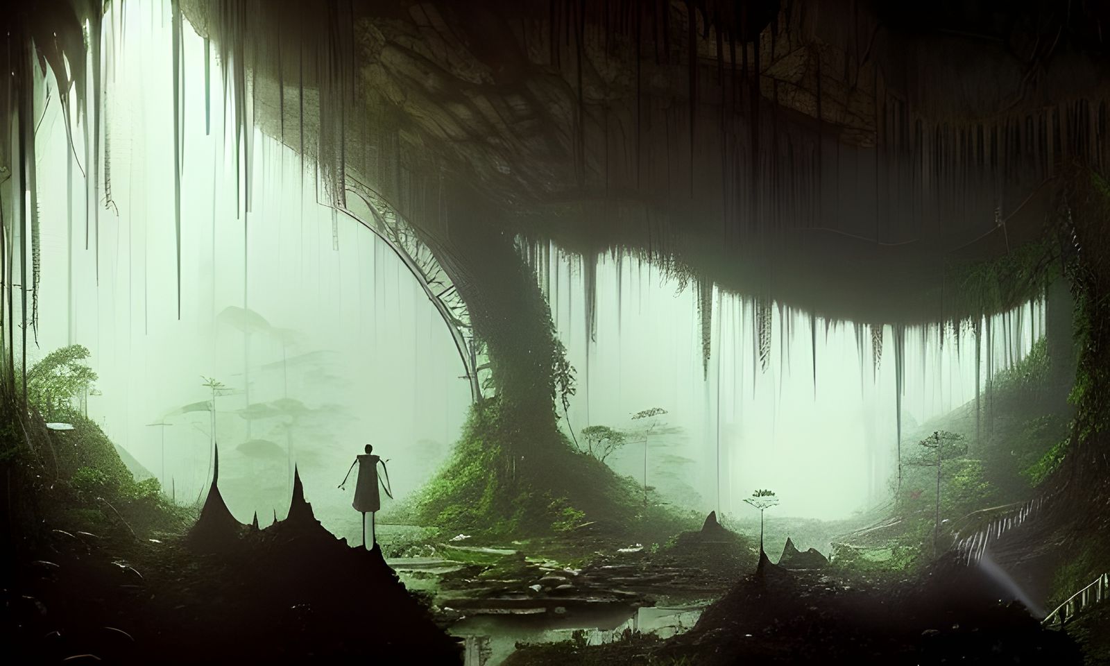 Biopunk City in Jungle Cave: Hyperrealistic Vertical View