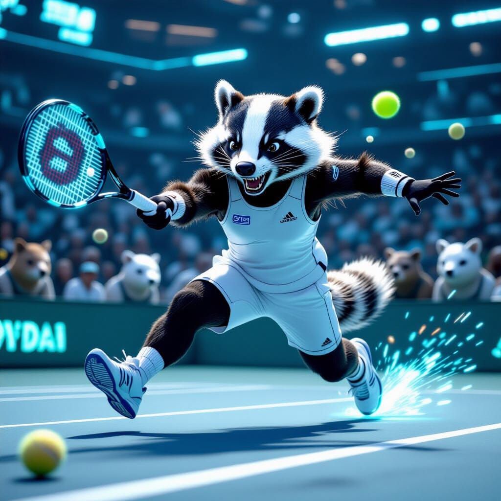 Badger Tennis Player on Holographic Court