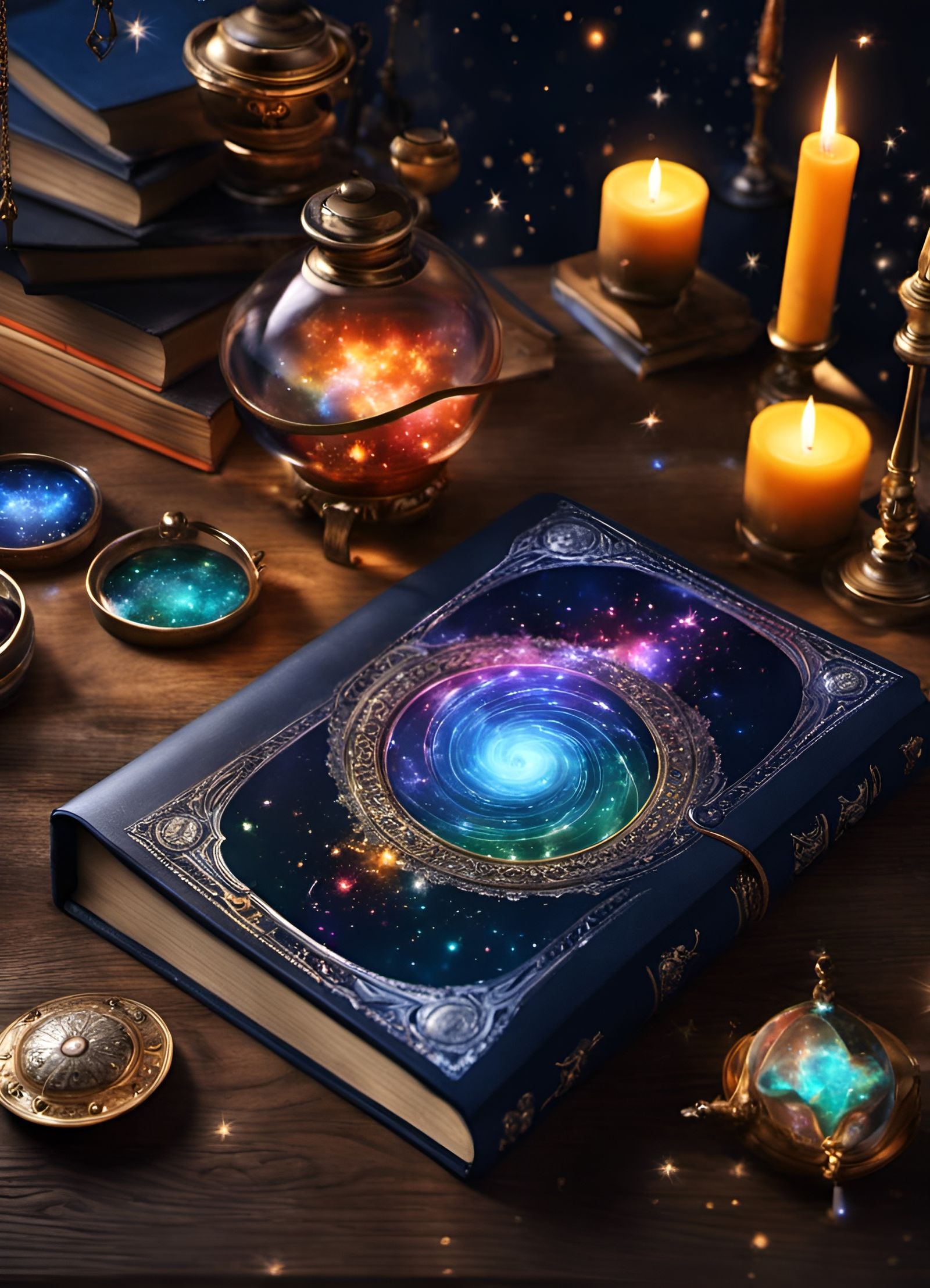 Rainbow Galaxy Spellbook in a Wizard's Study