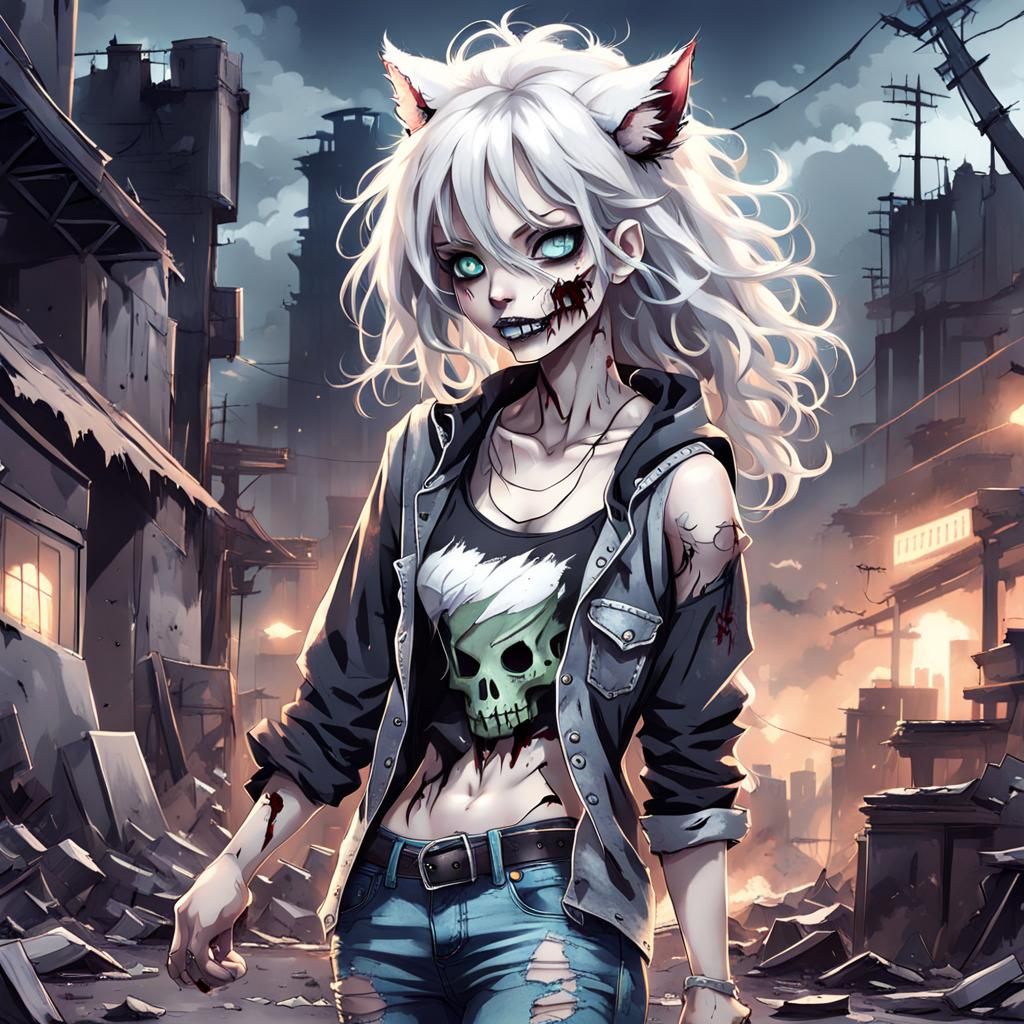 Zombie Catgirl in Apocalyptic Town
