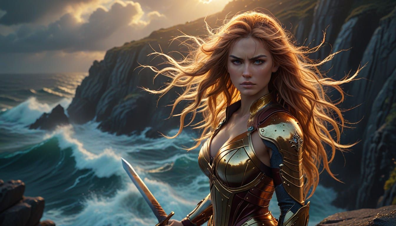 Ethereal Goddess Stands on Cliff's Edge, Sword in Hand, Unde...