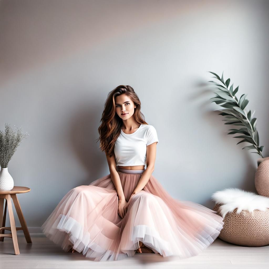 Woman in Tulle Skirt in Scandinavian Living Room