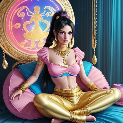 Beautiful woman with black hair in a high pony tail with pretty blue eyes and gold jewellery and wearing a magic genie c...