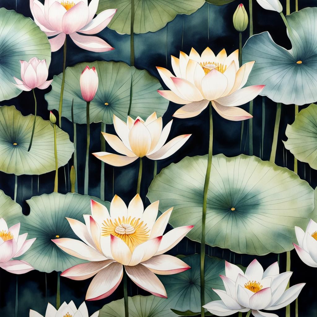 Lotus Flowers in Muted Chinese Ink Painting