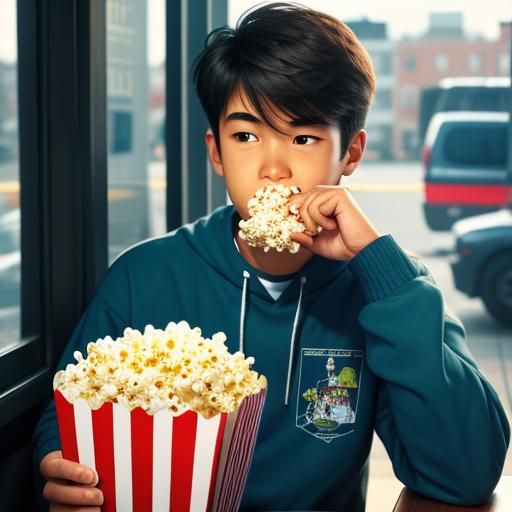 A Young Boy Savoring Popcorn in a Moment of Pure Joy